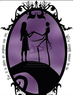 the silhouette of two people holding hands in front of a purple background with black and white lettering