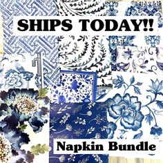 a collage of blue and white images with the words ships today