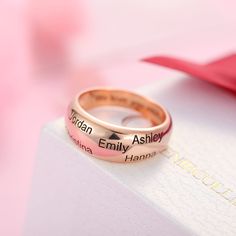 Personalized 1-6 Names Ring in Rose Gold Engraved Rose Gold Diamond Ring For Wedding, Personalized Heirloom Diamond Wedding Ring, Engraved Wedding Diamond Ring In 14k Gold, Engraved Diamond Wedding Ring In 14k Gold, Engraved Rose Gold Jewelry For Weddings, Engraved Rose Gold Wedding Jewelry, Rose Gold Engraved Jewelry For Wedding, Rose Gold Couple Rings For Wedding, Elegant Engraved Couple Rings For Promise