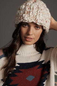 100% acrylic Hand wash Imported | Chunky Knit Craft Beanie by Anthropologie in Beige, Women's, Acrylic 2 Tone Beanie, Knitted Hat Aesthetic, Winter Beanies For Women, Knit Hats For Women, Hat Aesthetic, Chunky Hat, Chunky Knit Hat, Winter Knit Hats, Hand Knit Hat