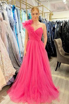 One Shoulder Hot Pink Pleated Long Formal Dress Fitted One-shoulder Tulle Gown, One-shoulder Tulle Gala Dress, Gala One-shoulder Tulle Evening Dress, One-shoulder Tulle Dress For Formal Occasions, One-shoulder Tulle Gown For Gala, Formal One-shoulder Tulle Evening Dress, Formal One-shoulder Tulle Gown, Pink One-shoulder Prom Gown, One Shoulder Pleated Bodice Prom Gown