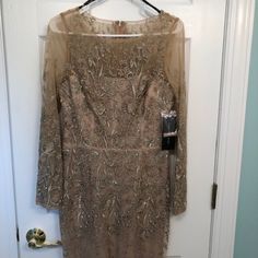 This Dress Is Gorgeous, Never Worn, New With Tags! Sheer Layer Of Pale Mauve With Delicate Embroidery Of Pale Green Leaves/Pink Flowers And Beaded Throughout, Over Beige Lining. Sheer Embroidery/Beads Continue At The Neckline & On Long Sleeves And The Flower Design Tapers At The Hem. Tailored Waist, Zipped Back. This Elegant Dress Is Perfect For Cocktail, Evening Or Wedding Attire. Originally Sold By Neiman Marcus. Elegant Evening Dress With Intricate Embroidery, Elegant Party Evening Dress With Intricate Embroidery, Elegant Party Dress With Intricate Embroidery, Elegant Party Gown With Intricate Embroidery, Fitted Evening Dress With Intricate Embroidery For Party, Elegant Fitted Evening Dress With Intricate Embroidery, Intricate Embroidery Fitted Evening Dress For Party, Glamorous Embroidered Evening Dress For Wedding, Glamorous Embroidered Wedding Evening Dress