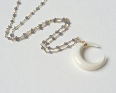 Crescent Moon Necklace, Gemstone Beaded Chain Necklace, Sideways Double Horn Necklace, Gold or Silve Gold Or Silver Jewelry, Embossed Jewelry, Double Horn Necklace, Beaded Chain Necklace, Horseshoe Pendant, Horseshoe Necklace, Boho Layering, Bone Pendant, Necklace Ideas