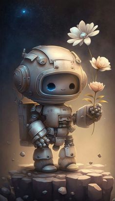 a robot holding a flower on top of a rock