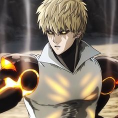 an anime character with blonde hair and glasses holding two large metal objects in his hands