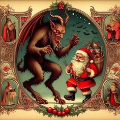 an old fashioned christmas card with santa and demon