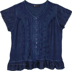 A gorgeous deep blue shade that reminds one of the beautiful medieval lands, this vintage rayon v-neck top stands out from the crowd.  It has short sleeves which is perfect for the summertime, with delicate embroidery featured all over next to the buttons on the front. #tlb #Stonewash #Embroidered #Lace #Misses #vacationclothing #Fall #bohemianfashion #Bluetop #vintagetop #renaissancetop #oldstyletop Indigo Fitted Short Sleeve Top, Blue Peasant V-neck Top, Blue Peasant Style V-neck Top, Indigo V-neck Bohemian Tops, Indigo Bohemian V-neck Top, Bohemian Indigo V-neck Top, Shirt With Embroidery, Bohemian Tunics, Plus Size Tunic