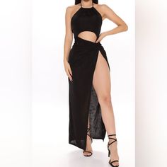 Nwt!! Fashion Nova Black High Cut Maxi Dress Size Medium Halter Neck Dress With Split Design For Night Out, Black Summer Dress With Split Design, Black Summer Dresses With Split Design, Black Split Design Dress For Summer, Black Sleeveless Maxi Dress With Split Design, Black Halter Neck Dress With Side Slits, Chic Black Midi Dress With Split Design, Black Party Dresses With Split Design, Black Bodycon Beach Dress