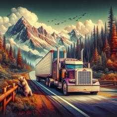 a painting of a large truck driving down the road with a bear sitting on it's side