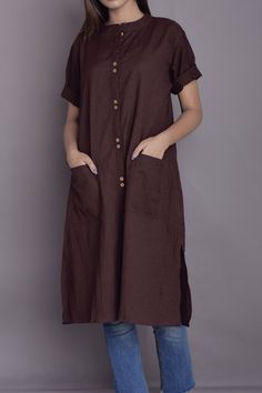 "Shirt dress for Women, Long Shirt for Women, Patch pocket shirt, Linen Washed Soft Shirt, Indian Kurta - Custom made by Modernmoveboutique >DESCRIPTION< - loose and roomy - patch pocket - elbow sleeve - made from Linen blend. The fabric is of medium weight (185 g). - the model is 172 cm high (regular XS - S) and is wearing size S. - color in the picture - COFFEE BEAN (Please choose any other color on the right). >COLOR< NOTE - The shirt is available in 25 colors. - We found out the Knee-length Cotton Shirt Dress With Buttoned Pockets, Beige Cotton Knee-length Shirt Dress, Linen Button-up Shirt Dress With Pockets, Knee-length Linen Shirt Dress With Button Closure, Medium Wash Cotton Button-up Shirt Dress, Indian Kurta, Pocket Shirt, Long Shirt, Linen Blend