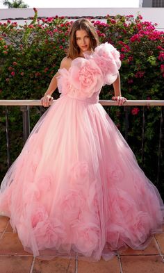 Rosette strapless sweetheart tulle ball gown with removable oversized rosette shawl that can be worn off the shoulder or as a one shoulder. Cloud Dress Gowns, Organza Pleated Dress, Floor Touch Gown, 3d Rose Dress, Layer Gown, Rose Petal Dress, Ocassion Dress, Ruffle Layered Dress, Shoulder Shawl