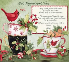 a christmas card with two cups and a bird