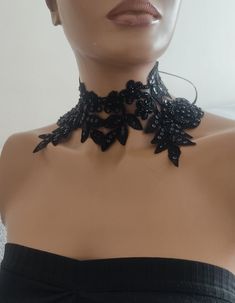 Beads,Black Gothic Choker Crescent  Collar Lace Necklace Halloween Collar Adjustable with ribbon,  suitable for all sizes Bridal accessories, Halloween COLLAR. Accessory for costumes. Unusual and unique items. French lace gloves. This model is designed as an excellent accessory for a wedding to be French lacy, satin ribbon, to be. Very stylish. Ideal design for beach weddings. Perfect accessory for wedding photography. Your opinion is important to me and ask for it. Please contact me about your Black Lace Collar, Adjustable Black Choker For Party, Black Ribbon Choker Necklace For Parties, Black Choker For Halloween Costume Party, Black Halloween Choker For Costume Party, Halloween Costume Choker Necklace, Halloween Party Choker Jewelry, Halloween Party Black Choker, Adjustable Gothic Choker For Costume Party