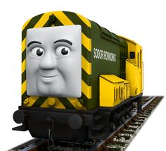 a cartoon train with a smiling face on it's front and side, sitting on the tracks