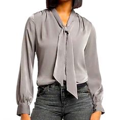 Express Relaxed Satin Long Sleeve Tie Neck Portofino Shirt In Grey Nwt Size: Xl (See Measurements In Photos) ***Pls Note: The Pictures Of The Brown Shirt Are Just For Reference Of How The Blouse Looks Like, The Shirt I Have Is In Grey*** This Shirt Is Perfect For Any Occasion And Super Soft And Excellent Condition. Brand New Can Be Paired With Any Outfit, Any Shoes For Any Occasion Gray V-neck Blouse For Work, Portofino Shirt, Satin Long Sleeve, Brown Shirt, Tie Neck, Neck Tie, Blouses, Satin, Brand New