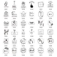 the logos and emblems for different types of items in black ink on white paper