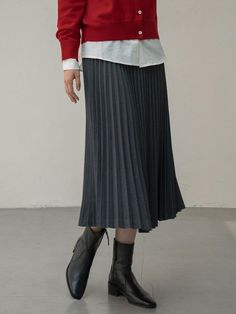 This Wool Blend Pleated Skirt showcases a refined and sophisticated style with its neatly held accordion pleats and excellent drape fabric, exuding feminine mood.- Long length that makes your outfit stylish- Subtle sheen beautifully expressed with movement- Versatile item that can be styled with any top* The actual color of the product is the most similar to the product cut. Formal Long Skirt With Folds, Elegant Midi Pleated Skirt With Accordion Pleats, Elegant Midi Accordion Pleated Skirt, Pleated Long Skirt In Solid Color, Formal Winter Pleated Skirt, Formal Skirt With Folds, Chic Winter Formal Pleated Skirt, Formal Relaxed Pleated Skirt, Formal Pleated Skirt For Winter