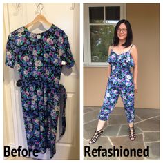 a woman standing next to a dress on a hanger and before and after it has been transformed into a jumpsuit