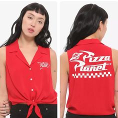 a woman wearing a red shirt that says pizza planet on the front and back of her shirt