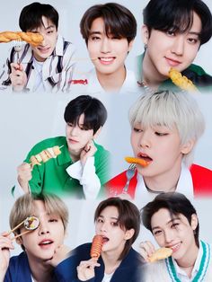 the members of btop are eating food and posing for their photo shoot in this collage