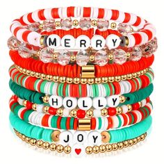 10 Pcs 10-Piece Christmas Holiday Stretch Bracelet Set: Festive Polymer Clay Heishi Bracelets With Merry Messages And Bead Charms Heishi Bracelet Pricing, Christmas Beaded Bracelets Tutorial, Preppy Clay Bead Bracelets Star, Preppy Clat Beads Bracelets, Braclet Clay Beds, Polymer Clay Bead Bracelet Cute, Christmas Bracelet Cards, Heishi Bead Bracelet Christmas, Hellfire Club Clay Bead Bracelet