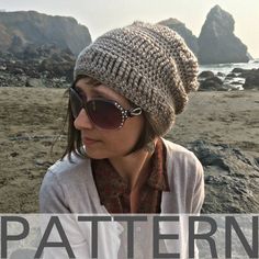 a woman wearing sunglasses and a knitted hat with the words pattern written across it