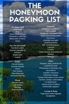 the honeymoon packing list is shown in front of a blue sky and water with clouds