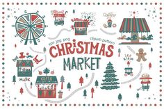 the christmas market is depicted in this hand drawn illustration