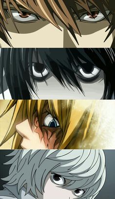 four different anime characters with their eyes wide open