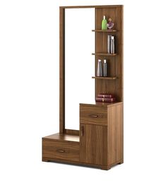 a tall wooden shelf with drawers underneath it