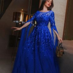 Blue Arabic Dubai Evening Dress 2024 with Cape Sleeves Arabic Luxury, Elegant Cape, Cape Sleeves, Women Formals, British Indian, Dresses Formal, Formal Evening Dresses, Formal Wedding, Formal Gowns