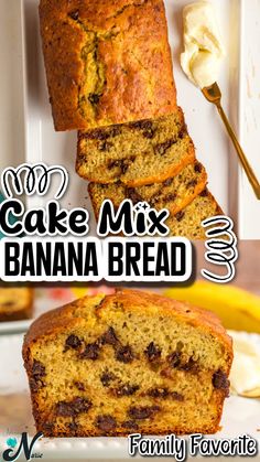 the cake mix banana bread is cut in half and stacked on top of each other