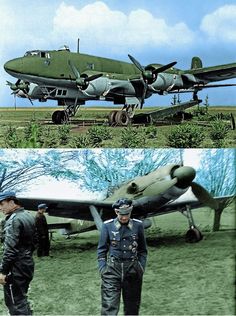 two men in uniforms standing next to an airplane