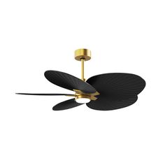 a black and gold ceiling fan with three blades on it's blade, in front of a white background