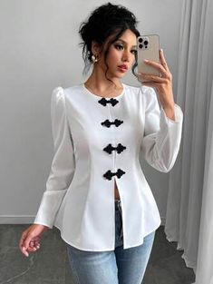 Elegant White Blouse, Round Neck Blouse, Casual Day Outfits, New Chinese Style, Plain Tops, Blouse For Women, New Chinese, Day Outfits