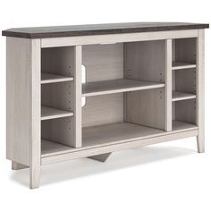 a white wooden entertainment center with shelves on each side and one shelf open to show items