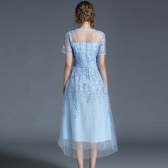 Elegant Mesh Short Sleeve Sky Blue Flower Dress Dress With Chiffon Overlay, Vintage Mexican Dress, Blue Mother Of The Bride, Leaf Dress, Embroidered Leaf, Mom Dresses, Blue Flower Dress, Dress Tea Length, Mexican Dress