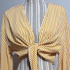 Shein Yellow And White Stripped Tie Front Cropped Blouse Or Cover Up With 3/4 Butterfly Sleeves Size Large. This Blouse Flatters A Woman's Bust And Midsection When Worn By Itself, Showing Some Skin Its Light Weight And Flowy Material Makes It Great For A Summer Time Cover-Up As Well. It Is New Without Tags As It Came Without Any Tags Attached. Striped Long Sleeve Summer Blouse, Striped Blouse For Spring Brunch, Spring Striped Blouse For Brunch, Striped V-neck Blouse For Daywear, Fitted Striped Blouse For Beach, Fitted Striped Blouse For The Beach, Chic Yellow Cropped Blouse, Striped V-neck Top For Daywear, Summer Striped Tops For Brunch