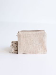 three zippered pouches sitting side by side on a white surface, with one closed and the other closed