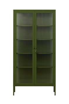 a green bookcase with glass doors on the front and bottom shelves, against a white background