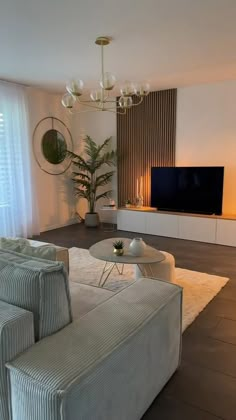 a living room filled with furniture and a flat screen tv on top of a wall