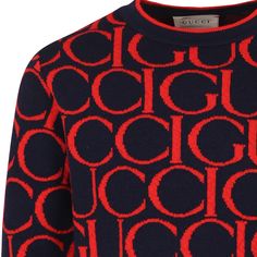 Color: Blue Blue sweater from the Italian luxury brand Gucci Kids, made of wool jacquard. It features long sleeves, a crew neck, ribbed cuffs and hem. It is embellished with an all-over red Gucci magazine logo. Made in Italy 100% Wool. Hand wash. Classic Gucci Sweater With Ribbed Cuffs, Luxury Crew Neck Sweater With Embroidered Logo, Gucci Wool Sweater With Ribbed Cuffs, Designer Wool Crew Neck Sweater, Designer Wool Sweater With Crew Neck, Gucci Casual Blue Sweater, Gucci Blue Casual Sweater, Luxury Jacquard Knit Crew Neck Top, Casual Blue Gucci Sweater