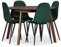 a wooden table with four green chairs around it