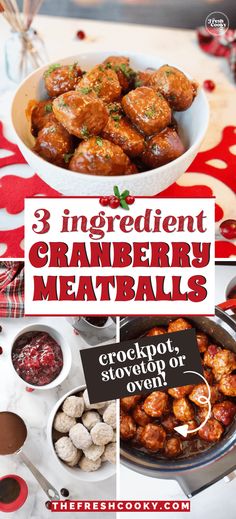 Bowl filled with tender and flavorful cranberry meatballs, 3 ingredients and meatballs in sauce in crockpot to pin. Cocktail Meatballs Cranberry Chili Sauce, Cranberry Meatballs Crockpot, Stovetop Meatballs, Leftover Cranberry Sauce Recipe, Cranberry Sauce Meatballs, Melting Pot Recipes, Christmas Nibbles, Meatballs Crockpot, Meatball Appetizer Recipe