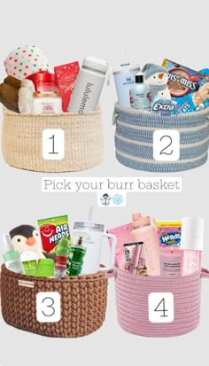 three baskets with the words pick your bur basket on each one and two different items in them