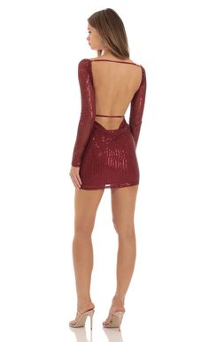 Emory Sequin Long Sleeve Bodycon Dress in Red | LUCY IN THE SKY Dark Red Hoco Dress, Short Red Dress Formal, Homecoming Dresses Sleeves, Tight Lace Dress, Red Hoco Dress, Lace Bodycon Dress Long Sleeve, Semi Dresses, Dark Red Dresses, Homecoming Dresses Short Tight