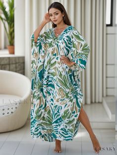 Lasaky - Premium Plus Size Womens Casual Cover Up Dress: Elegant Bat Sleeve V-Neck Dress with Random Print and Subtle Stretch Green Printed V-neck Kaftan, Green V-neck Printed Kaftan, Green V-neck Beach Dress For Vacation, Green V-neck Maxi Dress For Beach Cover-up, Green V-neck Free Size Kaftan, Green Printed Dresses For Beach Season, Green Printed Dress For Beach Season, Green Printed Beachwear Dress, Green V-neck Free-size Kaftan