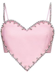 powder pink heart-shape frame crystal embellishment sweetheart neck spaghetti straps rear hook and eye fastening cropped full lining Como Fazer Short, Heart Crop Top, Crop Top Pink, Heart Shaped Frame, Fancy Tops, Crystal Trim, Heart Top, Pink Crop Top, Heart Shirt