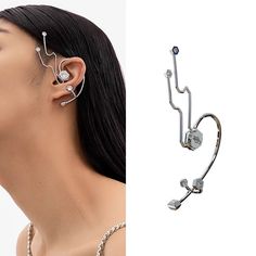 a woman with ear piercings next to an image of the same earring on her face