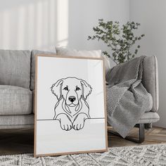 a black and white drawing of a dog sitting in front of a couch